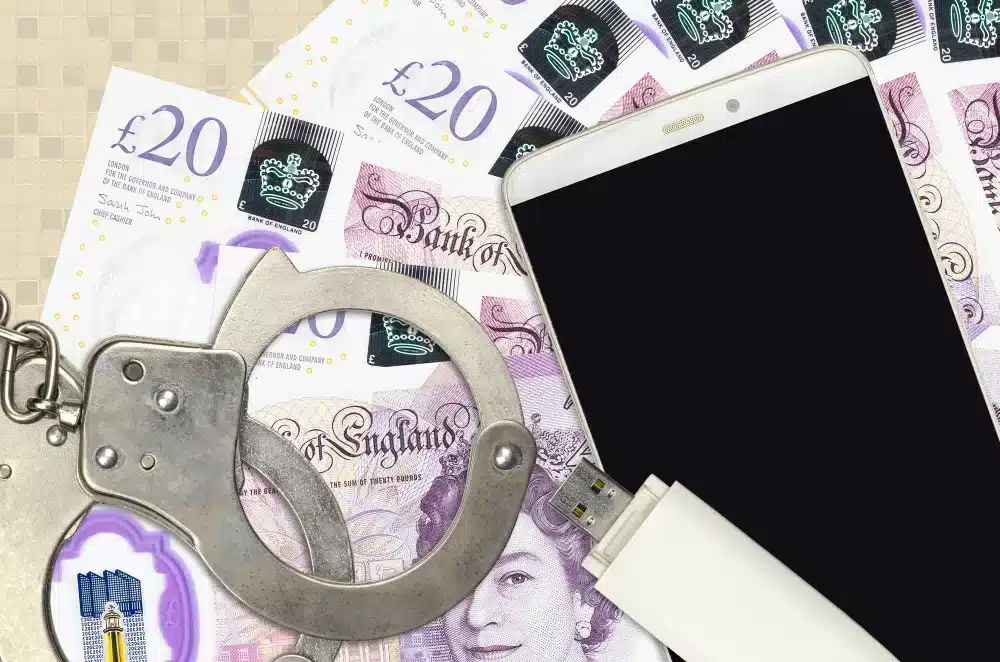 Nielegalny handel złomem przedstawiony symbolicznie poprzez banknoty, telefon komórkowy i kajdanki jako znak przestępstw związanych z kradzieżą metalu