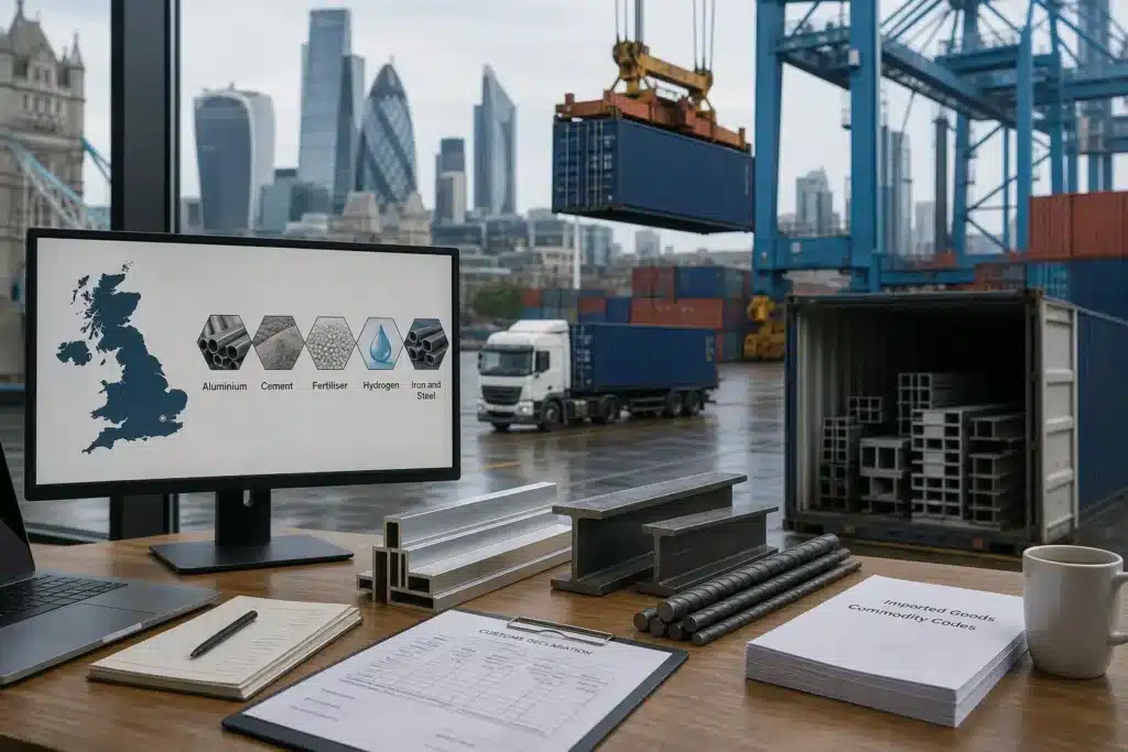 UK CBAM 2027: Przewodnik po importach stali i aluminium, UK CBAM 2027, CBAM UK, import stali i aluminium, kody towarowe HMRC, próg 50000 GBP, import złomu Londyn, mechanizm CBAM, opłaty węglowe UK, deklaracje celne UK, Premier Scrap Trading