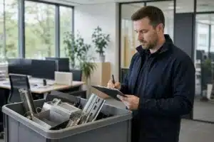 Odbiór złomu z biura: pracownik sporządza spis metalowych elementów sprzętu