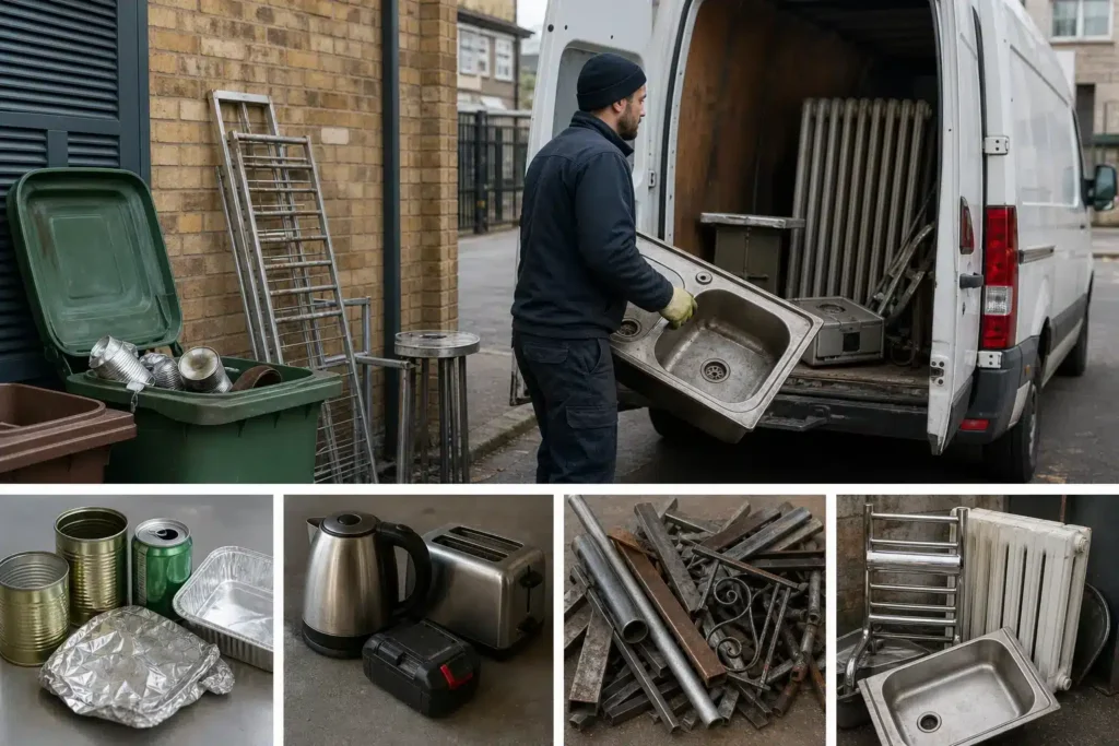 Pracownik ładuje stalowy zlew do samochodu; obok grzejniki i przykłady metalowych odpadów do recyklingu