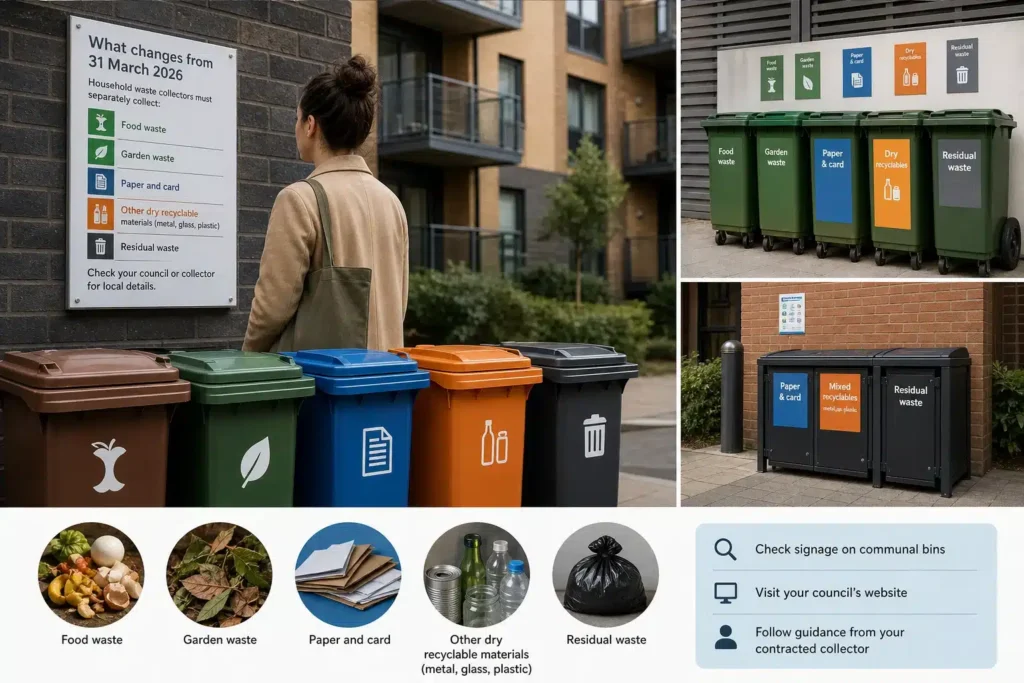 Mieszkanka czyta instrukcje segregacji przy wspólnych pojemnikach – Simpler Recycling 2026