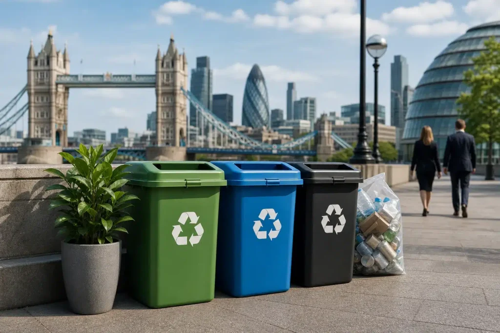 Simpler Recycling 2026: pojemniki do segregacji odpadów przy Tower Bridge w Londynie